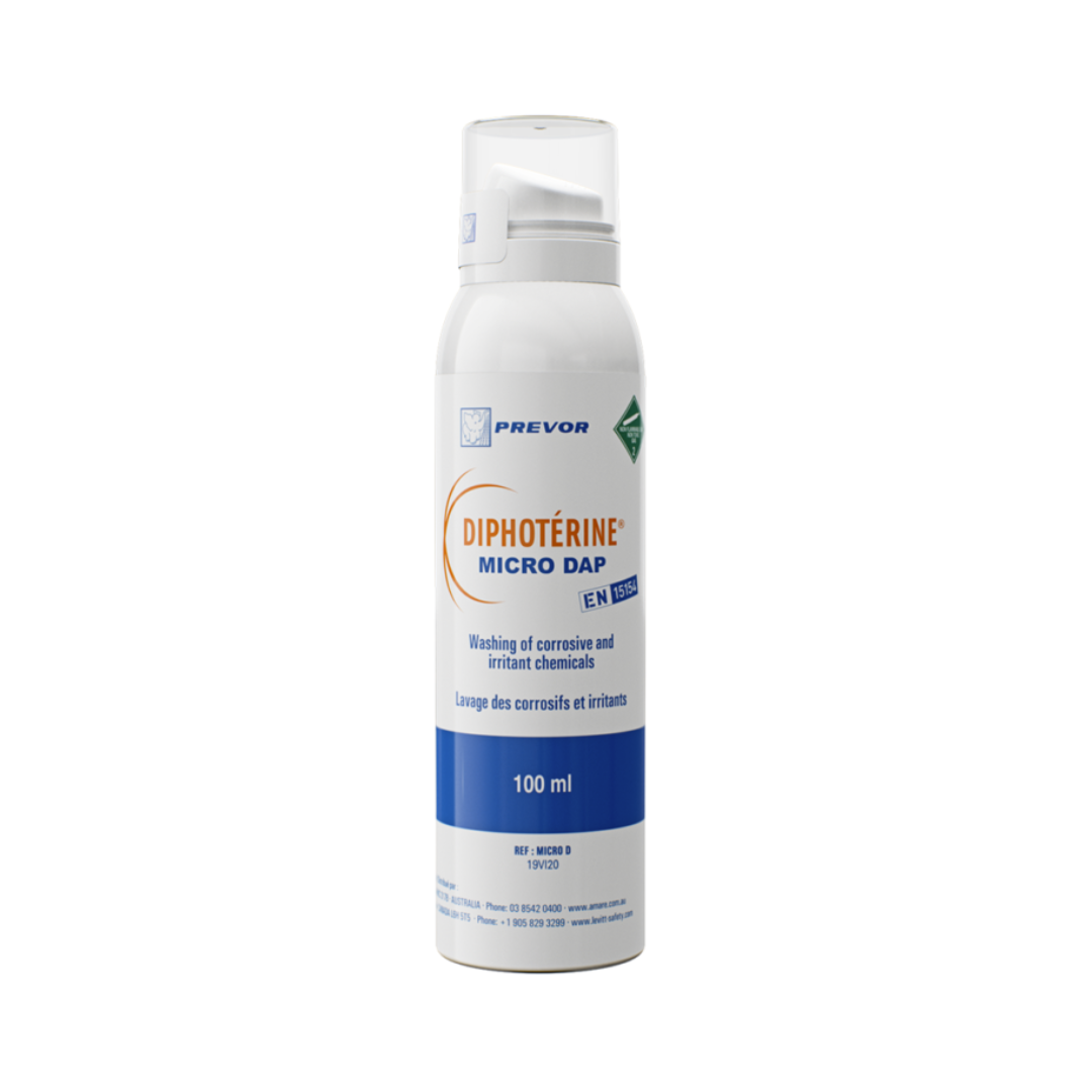 DIPHOTERINE® MICRO je kompaktný sprej so 100 ml sterilného roztoku DIPHOTERINE® na okamžitý oplach chemického zasiahnutia pokožky. Vojde sa do vrecka, takže ho máte vždy pri sebe a zasiahnuť môžete do 60 sekúnd od nehody.